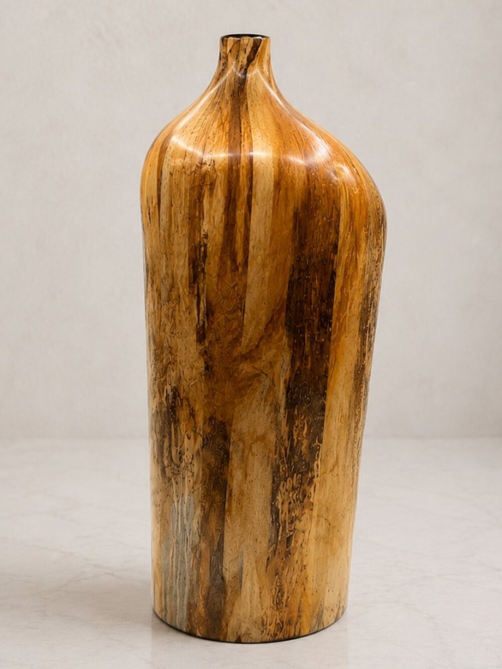 Vintage Hand Turned Spalted Wood Vase Bottle Vessel 15" Artisan Rustic Organic